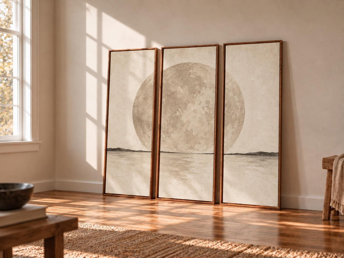 Full Moon Abstract Triptych: Large Watercolor Canvas Print (Set of 3)