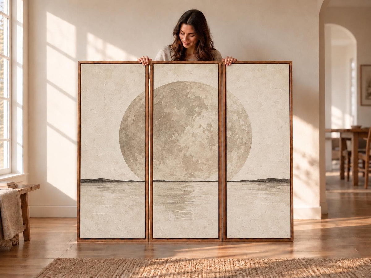 Full Moon Abstract Triptych: Large Watercolor Canvas Print (Set of 3)