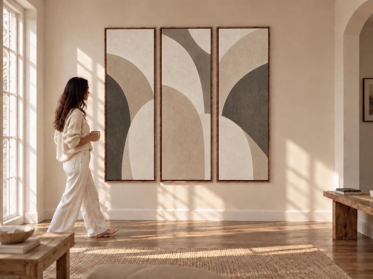 Beige and Grey Nutral Bauhaus Triptych: Large Canvas Print (Set of 3)