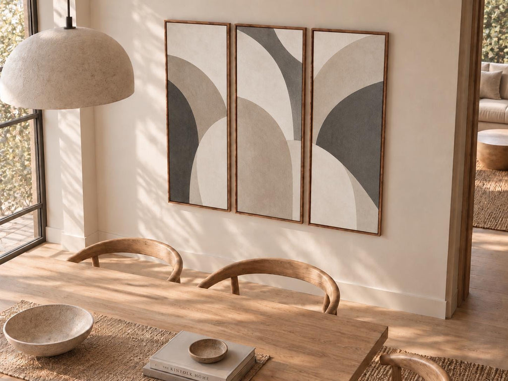 Beige and Grey Nutral Bauhaus Triptych: Large Canvas Print (Set of 3)