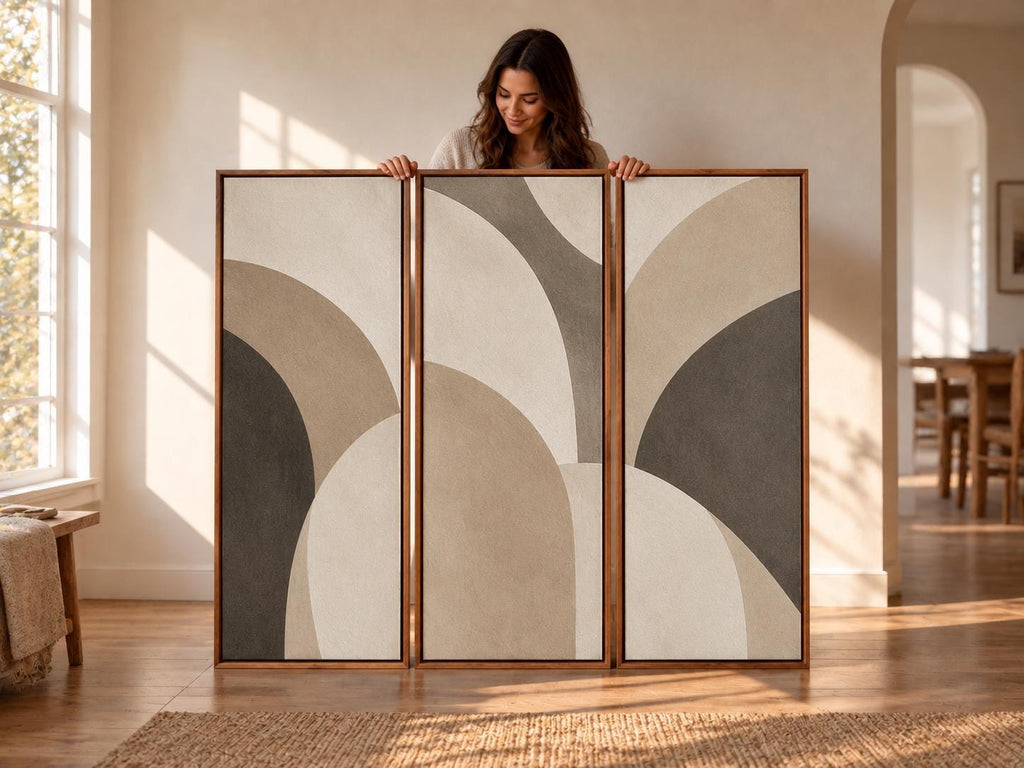 Beige and Grey Nutral Bauhaus Triptych: Large Canvas Print (Set of 3)