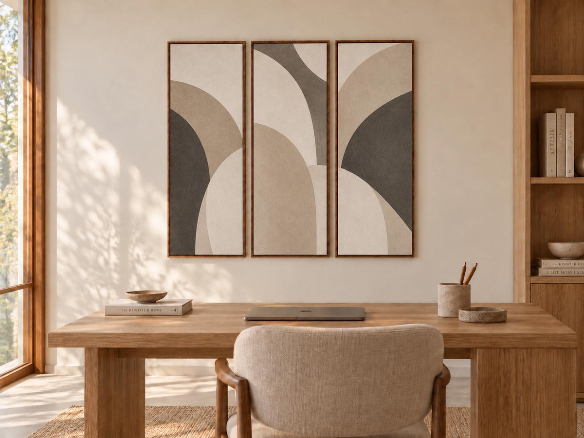 Beige and Grey Nutral Bauhaus Triptych: Large Canvas Print (Set of 3)