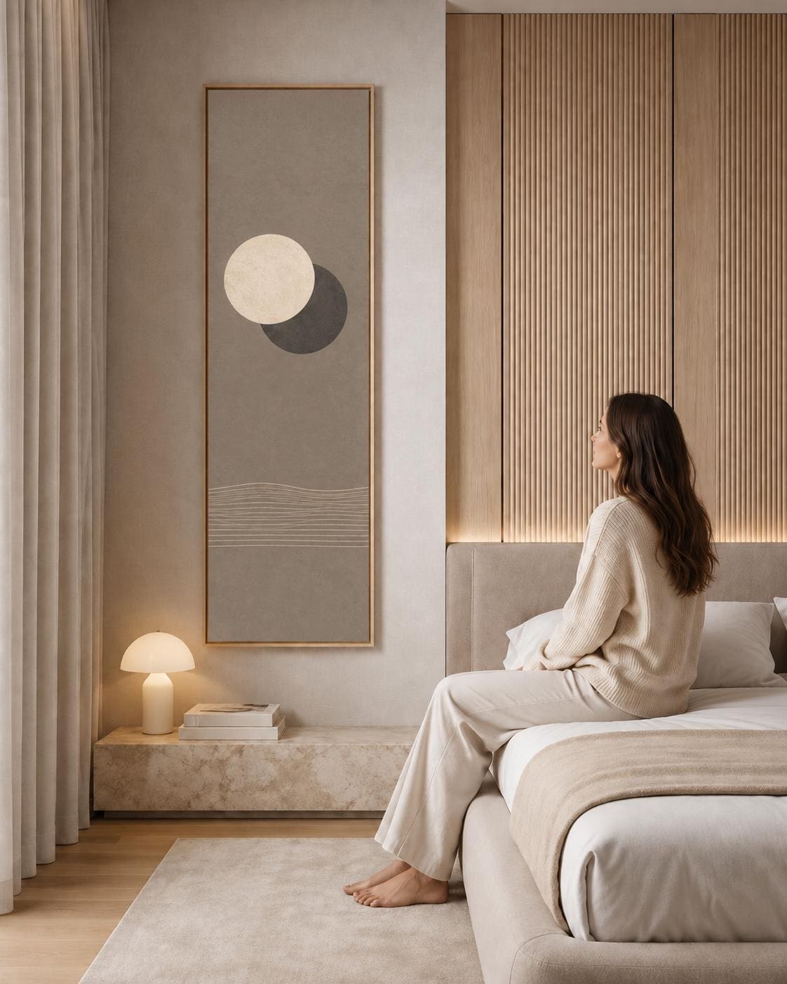 Moon and Sun: Vertical Tall Minimalist Canvas Print, Neutral Beige and Brown Tones