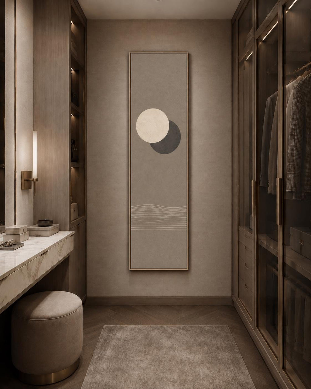 Moon and Sun: Vertical Tall Minimalist Canvas Print, Neutral Beige and Brown Tones