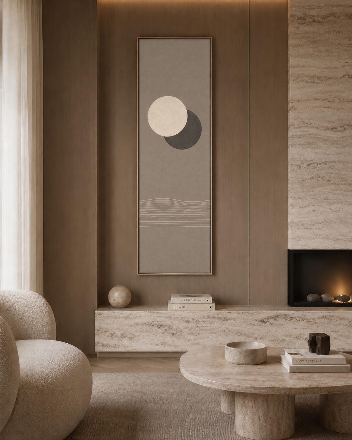 Moon and Sun: Vertical Tall Minimalist Canvas Print, Neutral Beige and Brown Tones
