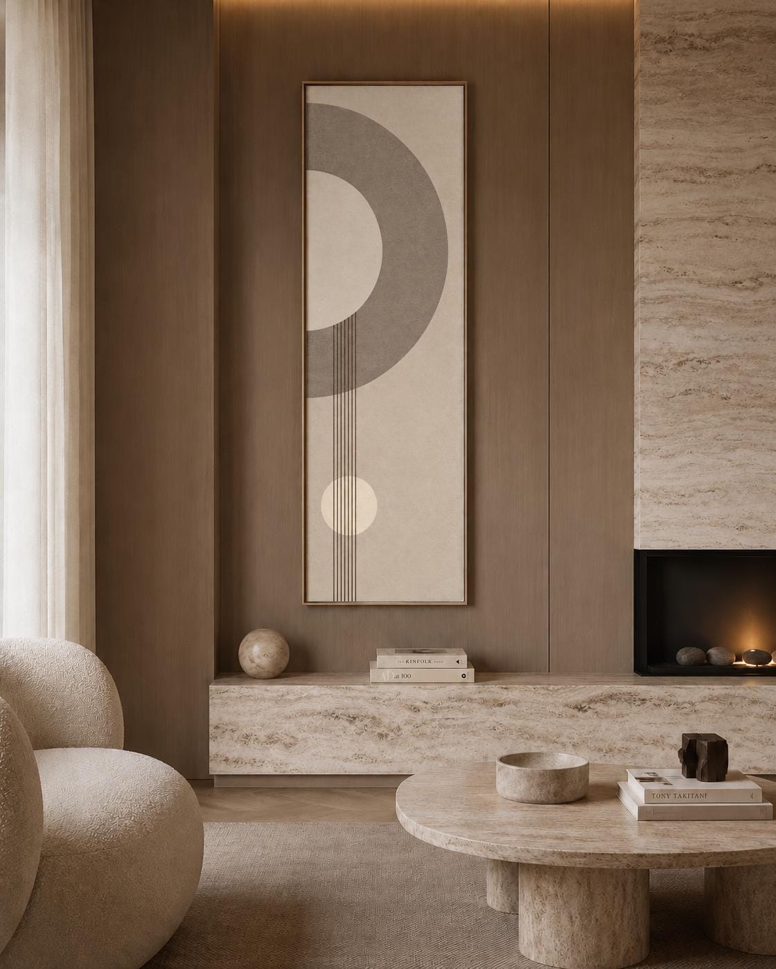 Beige Abstract Boho Painting: Vertical Narrow Canvas Art, Modern Minimalist Earth Tones