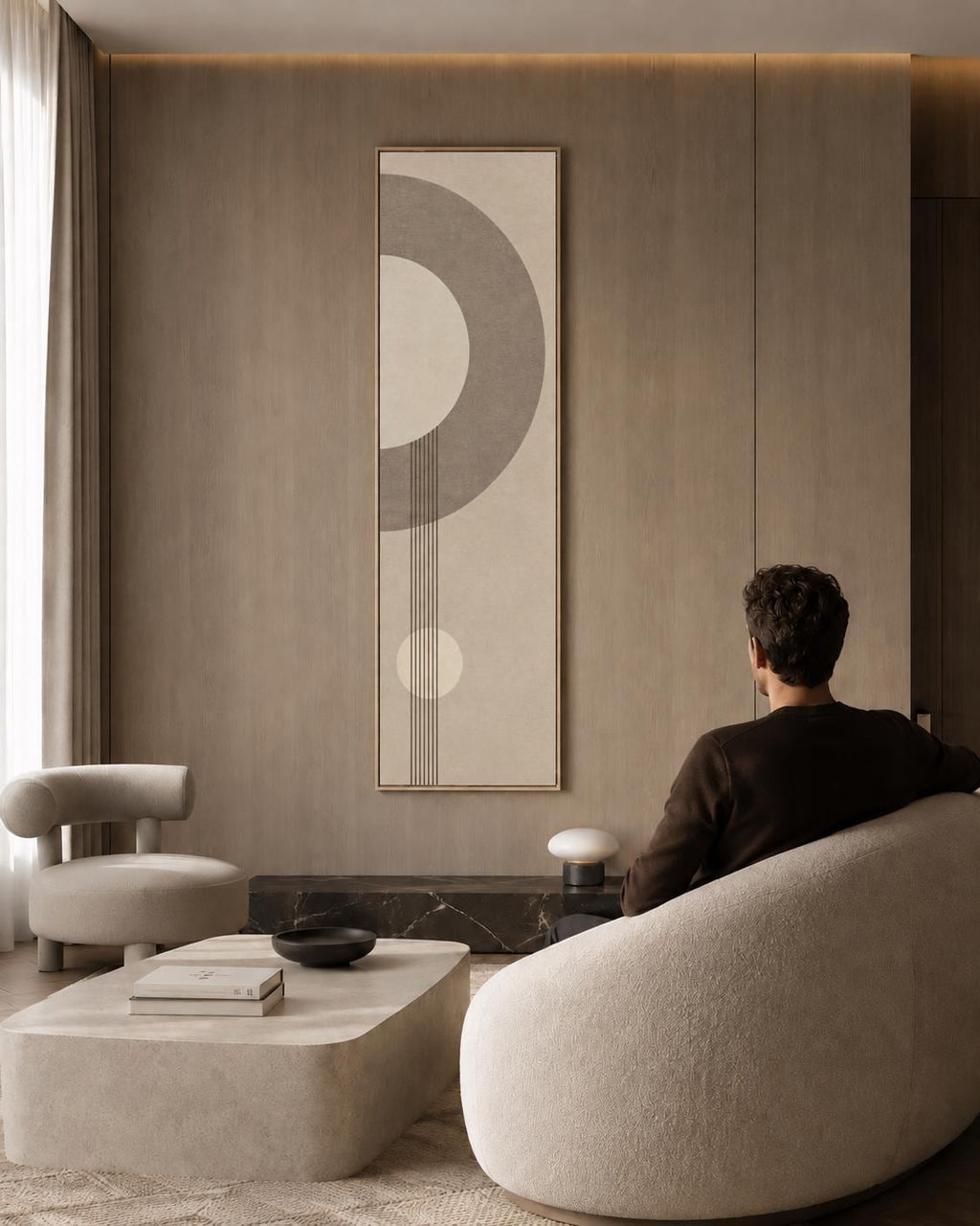 Beige Abstract Boho Painting: Vertical Narrow Canvas Art, Modern Minimalist Earth Tones