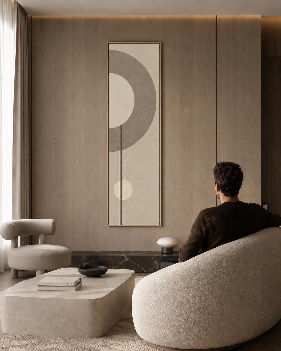 Beige Abstract Boho Painting: Vertical Narrow Canvas Art, Modern Minimalist Earth Tones