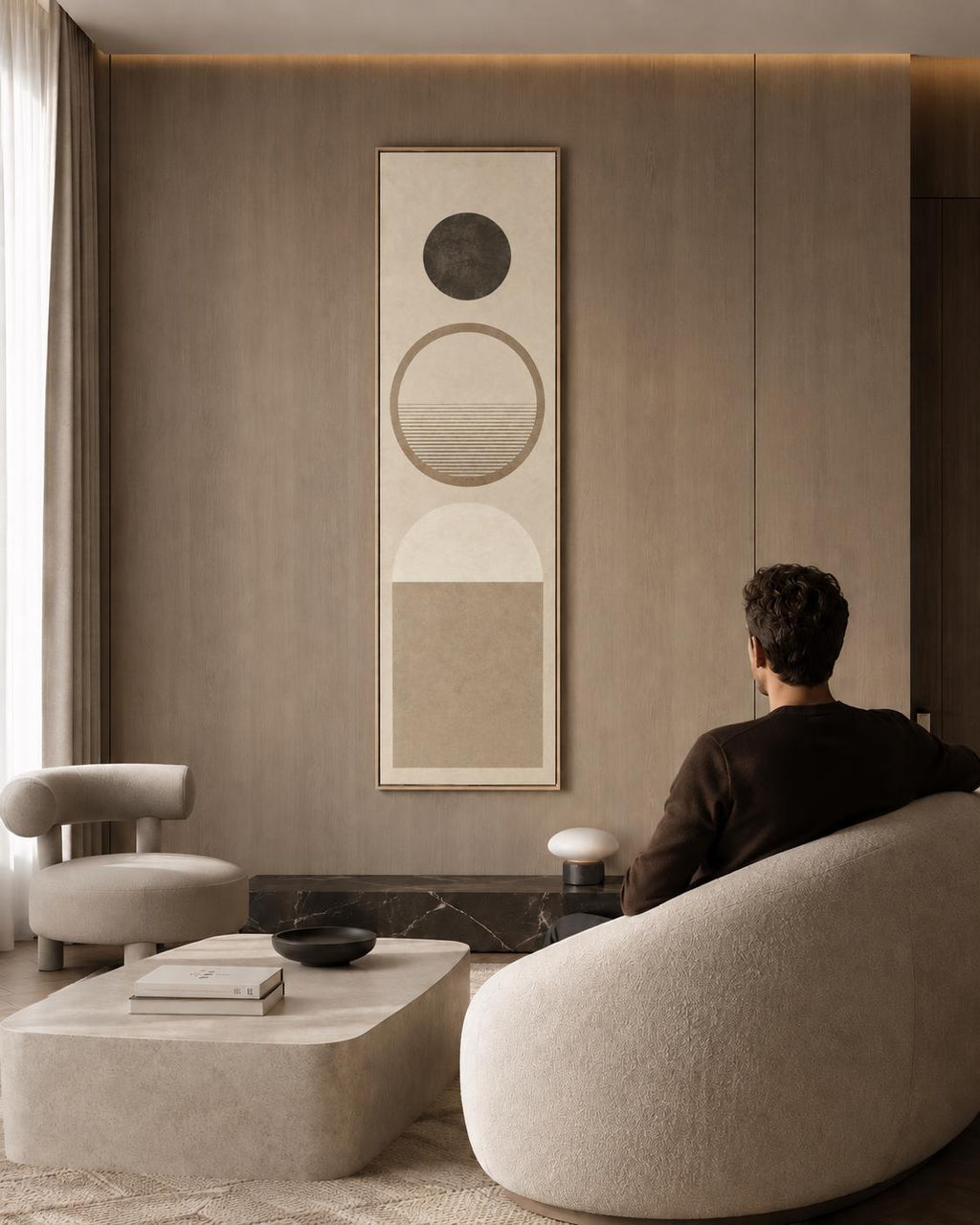 Mid-Century Modern Beige Abstract Canvas Print, Scandinavian Geometric Wall Art