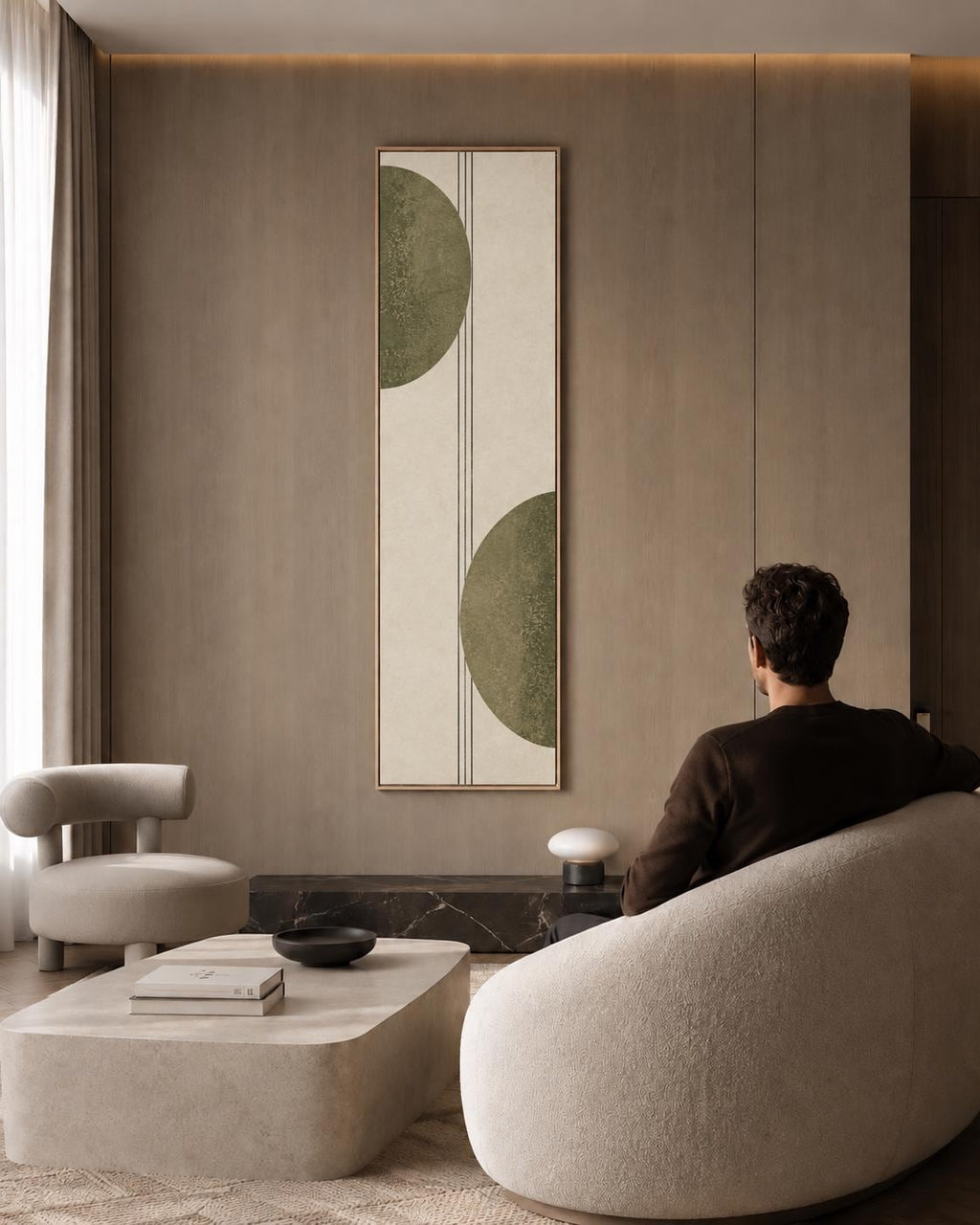 Bauhaus Framed Canvas Print: Olive Green Retro Geometric Circle & Lines, Mid-Century Modern