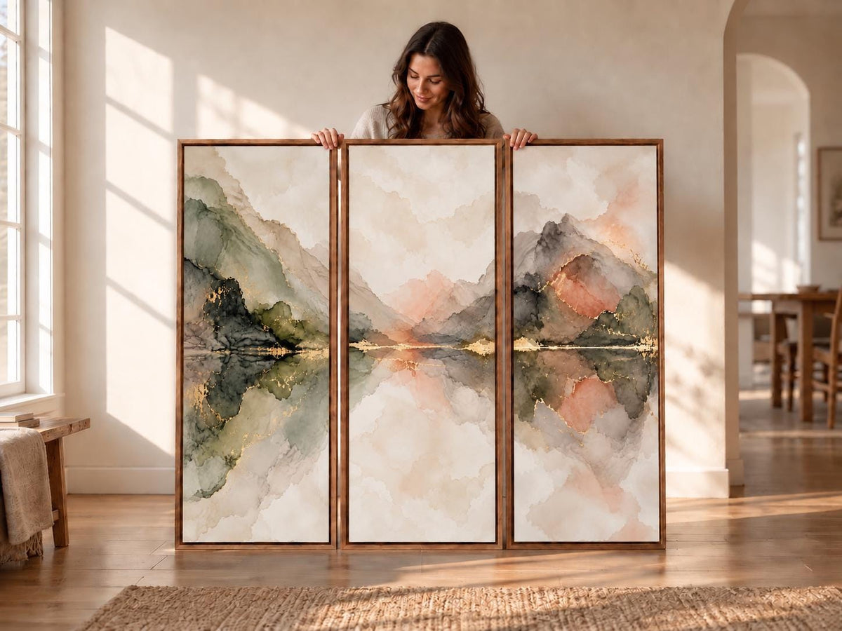 Olive Green Abstract Triptych: Large Framed Canvas Print (Set of 3)