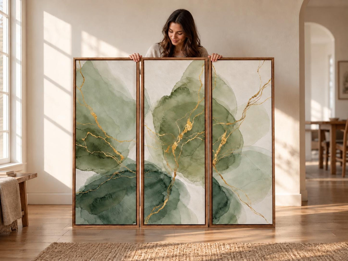 Olive Green Abstract Triptych: Large Watercolor Canvas Print (Set of 3)