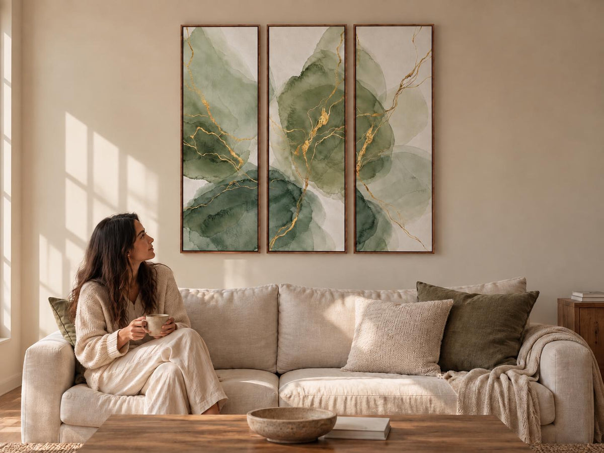 Olive Green Abstract Triptych: Large Watercolor Canvas Print (Set of 3)