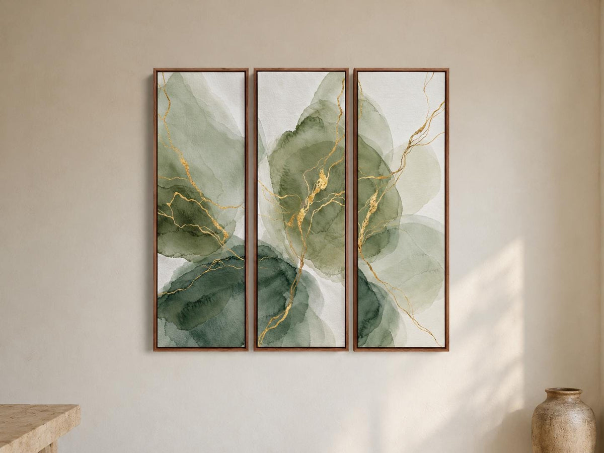 Olive Green Abstract Triptych: Large Watercolor Canvas Print (Set of 3)