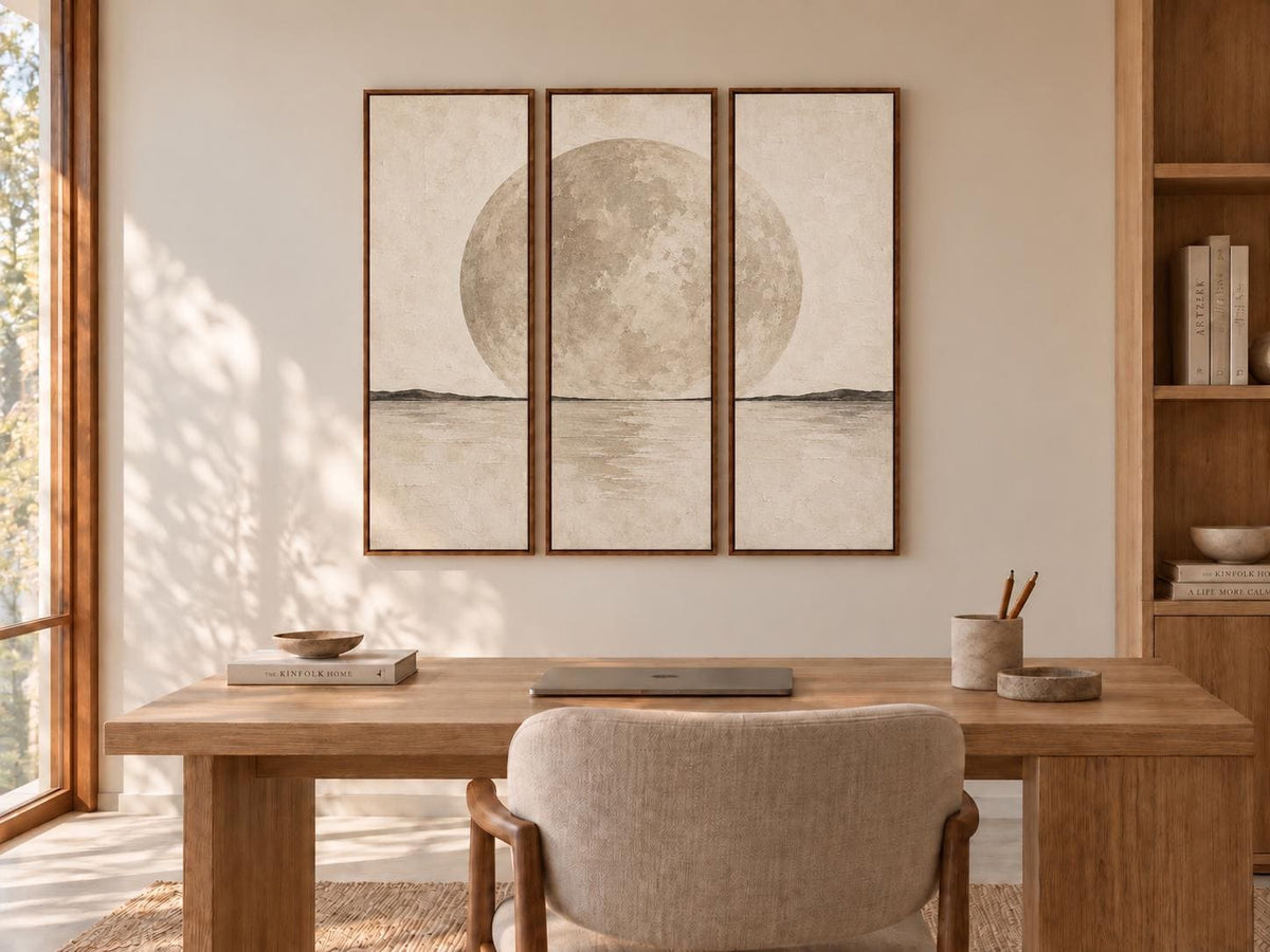 Full Moon Abstract Triptych: Large Watercolor Canvas Print (Set of 3)