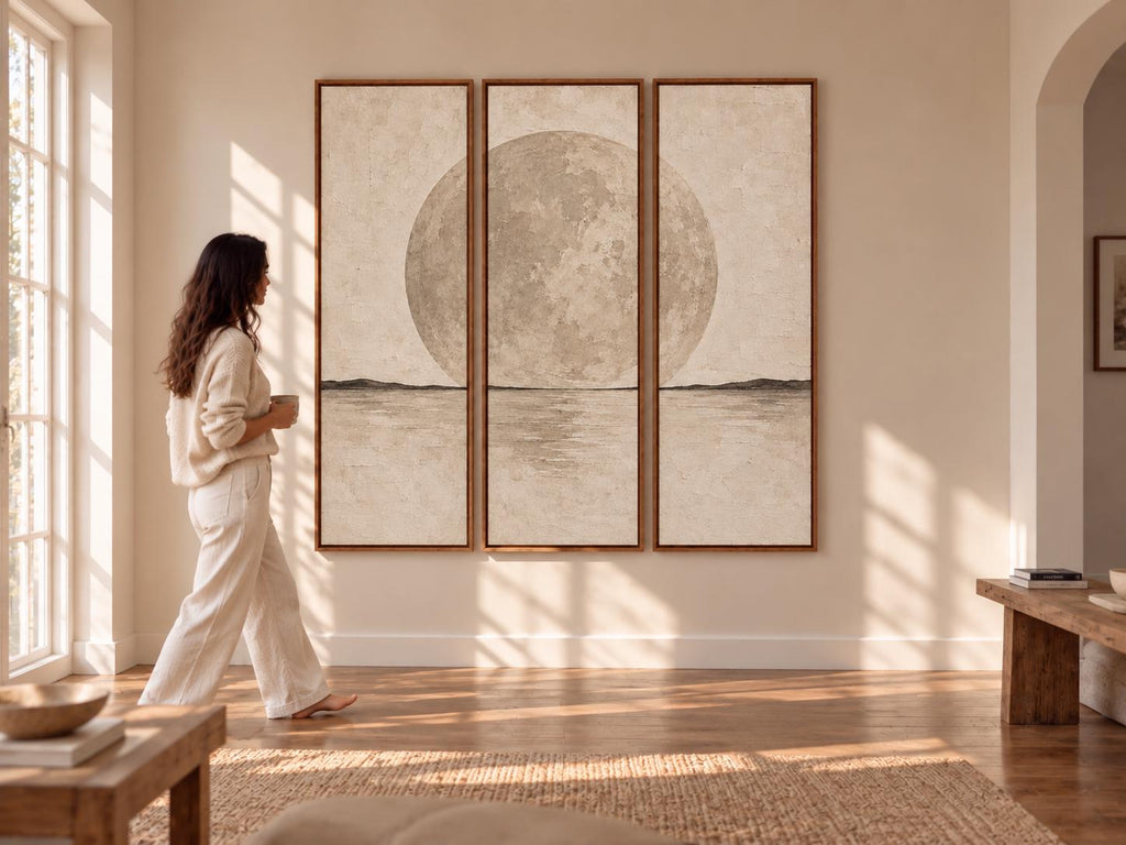Full Moon Abstract Triptych: Large Watercolor Canvas Print (Set of 3)