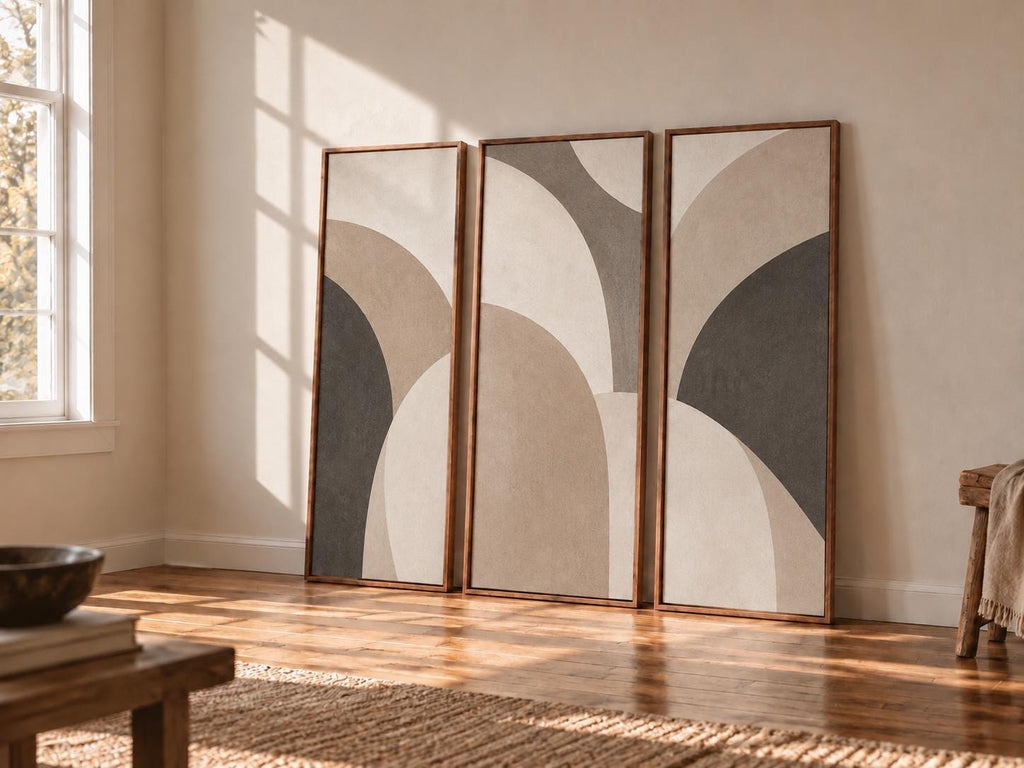 Beige and Grey Nutral Bauhaus Triptych: Large Canvas Print (Set of 3)