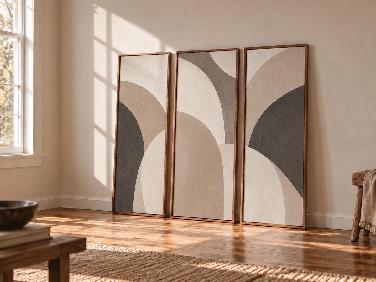 Beige and Grey Nutral Bauhaus Triptych: Large Canvas Print (Set of 3)