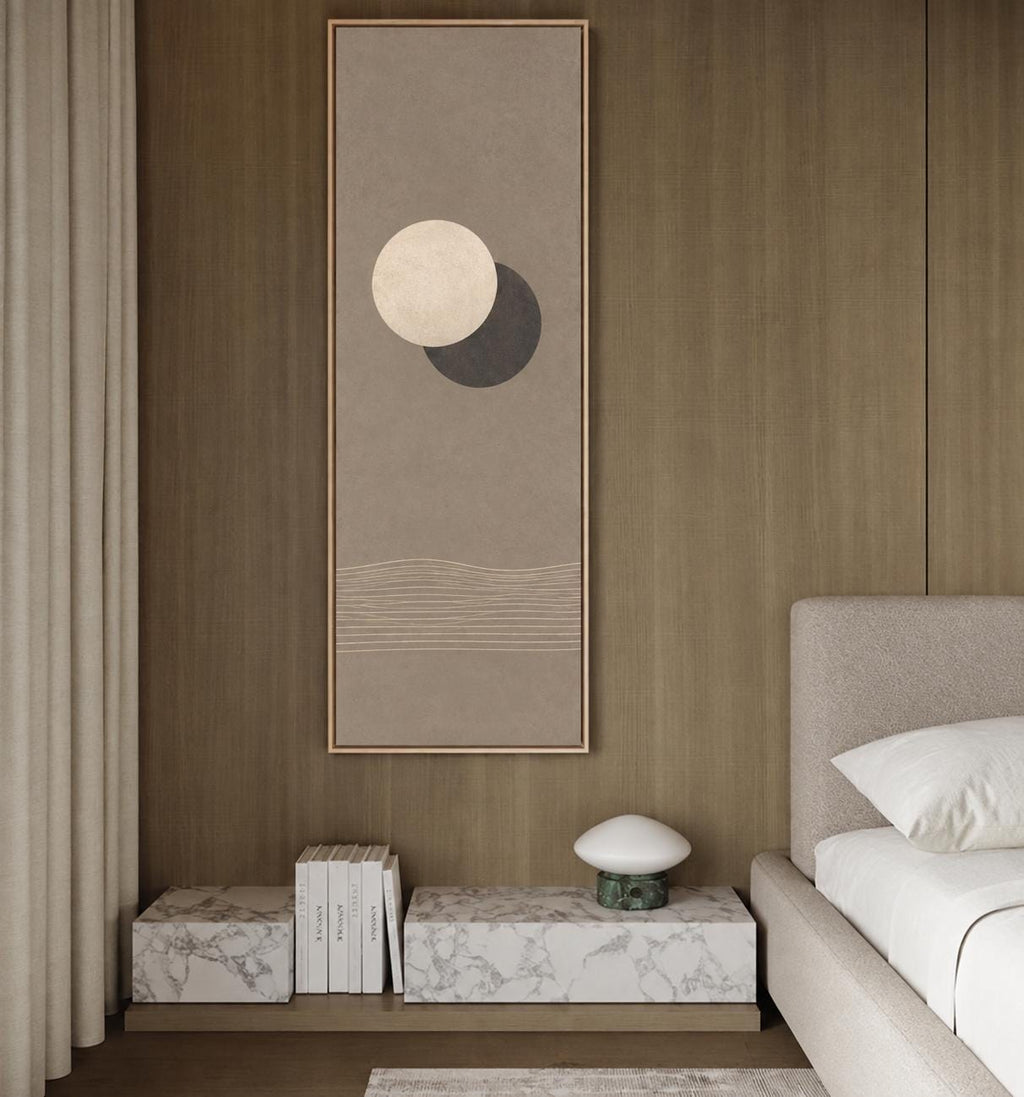 Moon and Sun: Vertical Tall Minimalist Canvas Print, Neutral Beige and Brown Tones