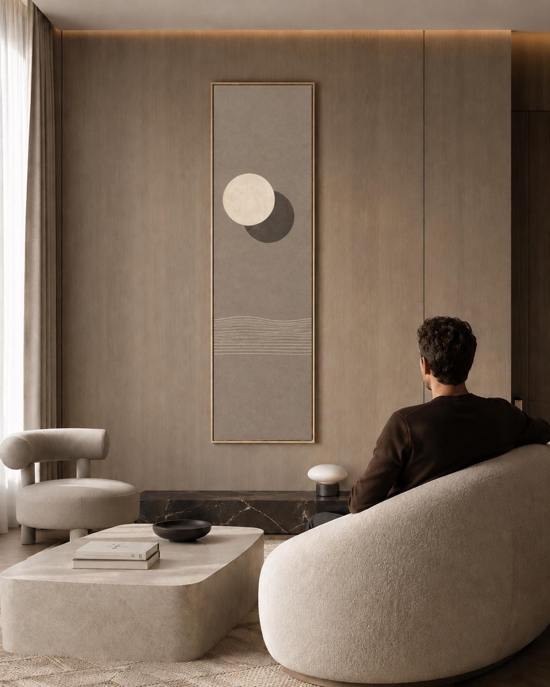 Moon and Sun: Vertical Tall Minimalist Canvas Print, Neutral Beige and Brown Tones
