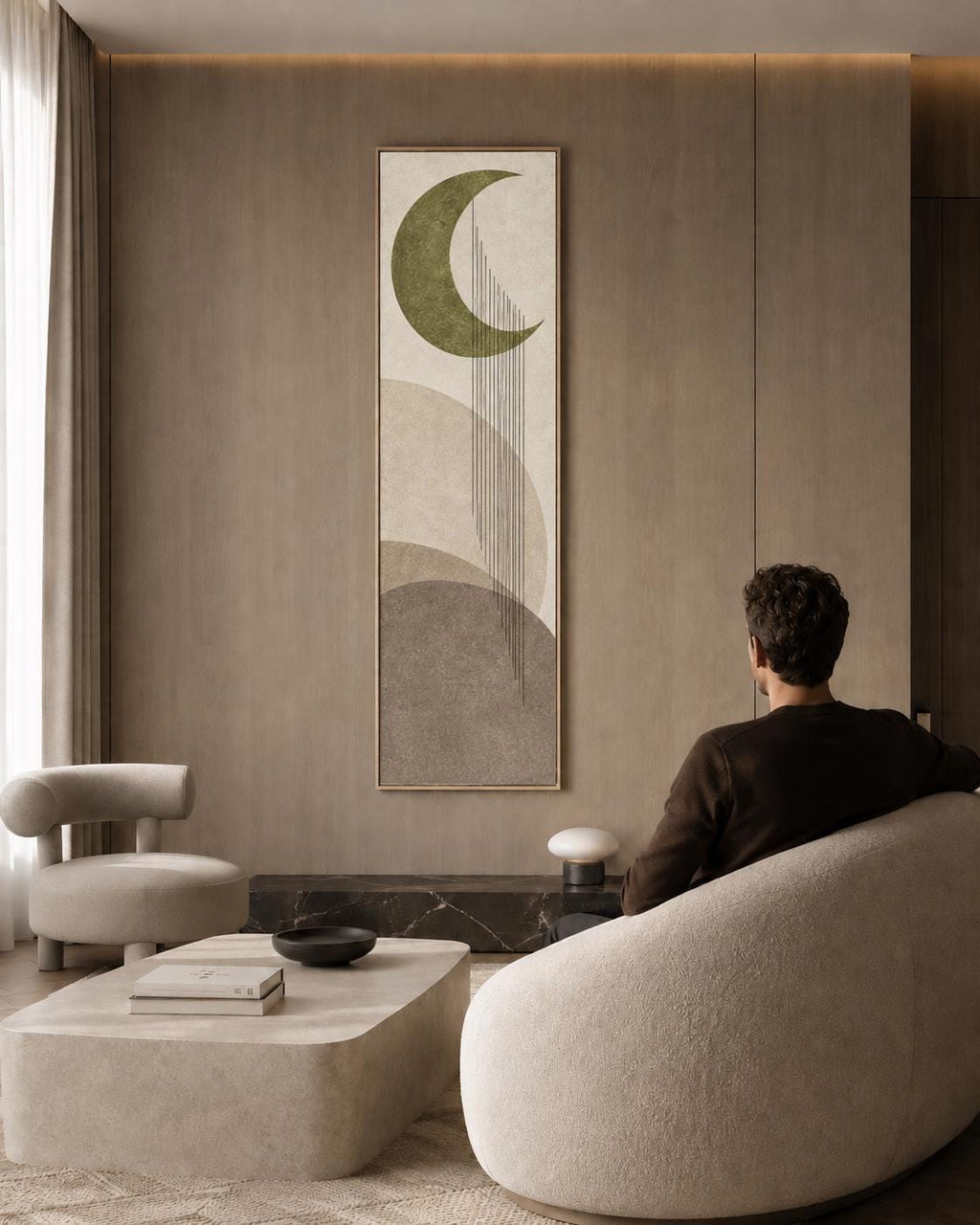 Mid Century Modern Neutral Canvas Print, Tall Vertical Japandi Wall Art