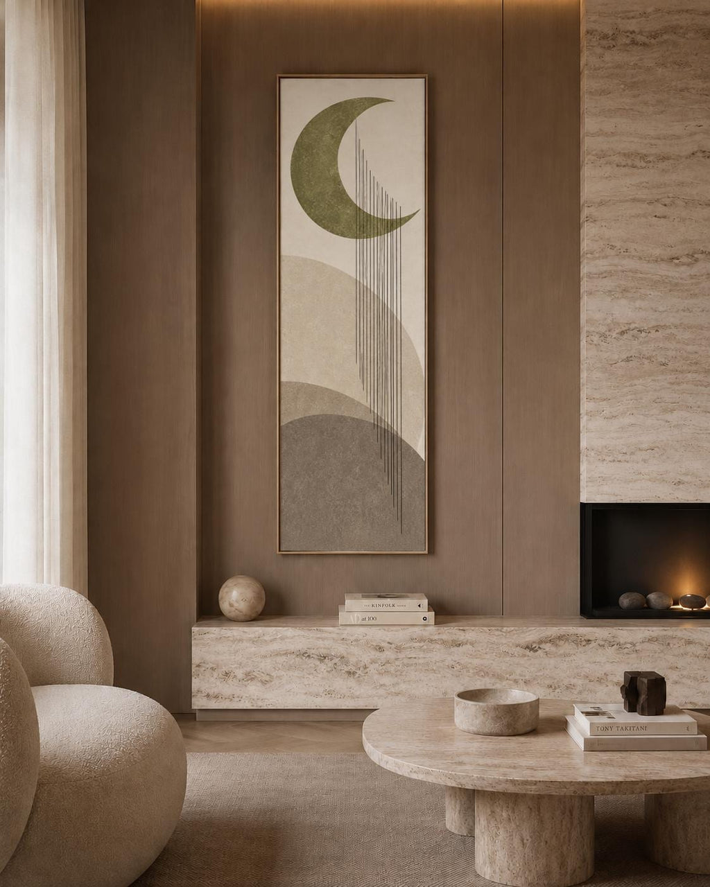 Mid Century Modern Neutral Canvas Print, Tall Vertical Japandi Wall Art